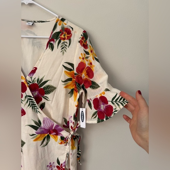 Waist-Difined Bell-Sleeve Faux-Wrap Dress for Women, white floral, Size L - Picture 5 of 12